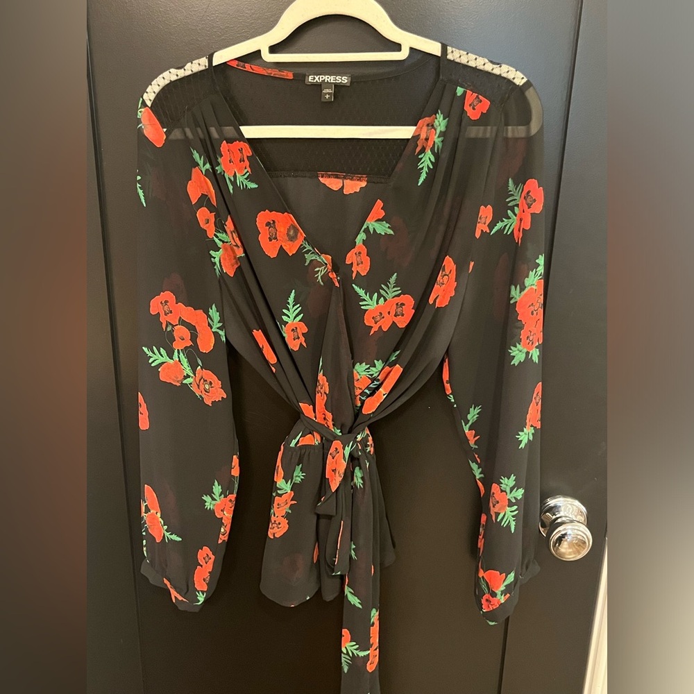 Express Black Blouse with Red Rose Floral Print, Long Sleeve
